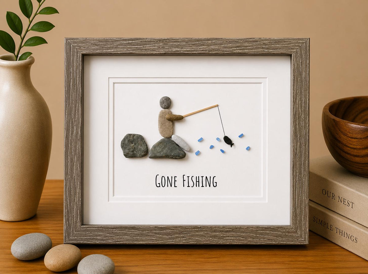 Gone Fishing Pebble and Sea Glass Art, 9 x 9” Personalized Fishing Gift