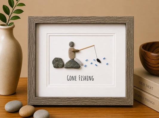 Gone Fishing Art | Art for Fisherman | Personalized Fishing Art | Gift for Dad | Father's Day | 8x10 Sea Glass and Pebble Art