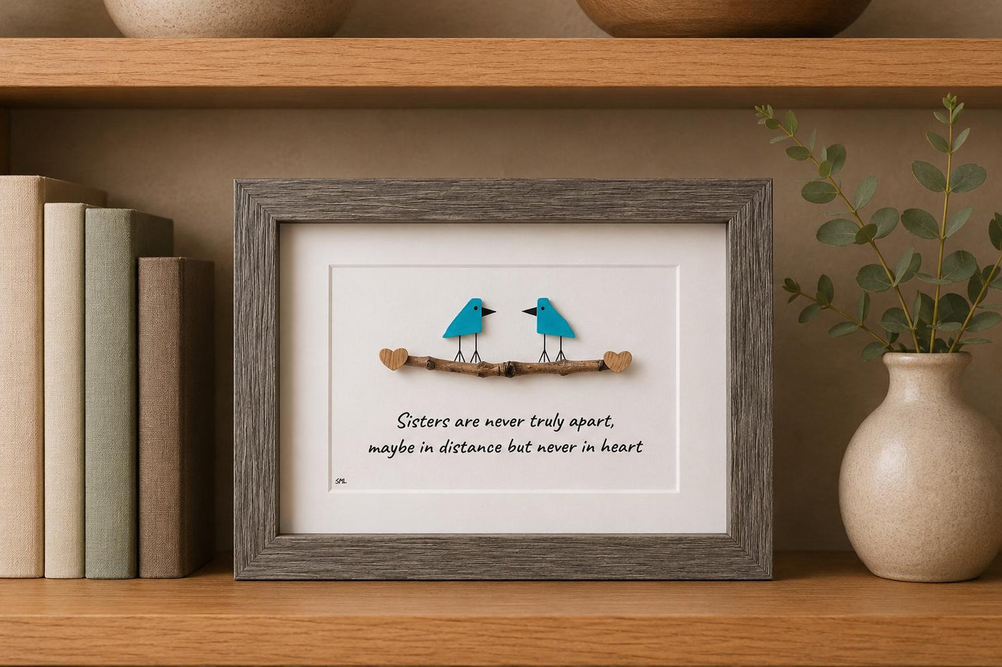 Sea Glass Bird Art, Sisters Gift, Framed Coastal Decor