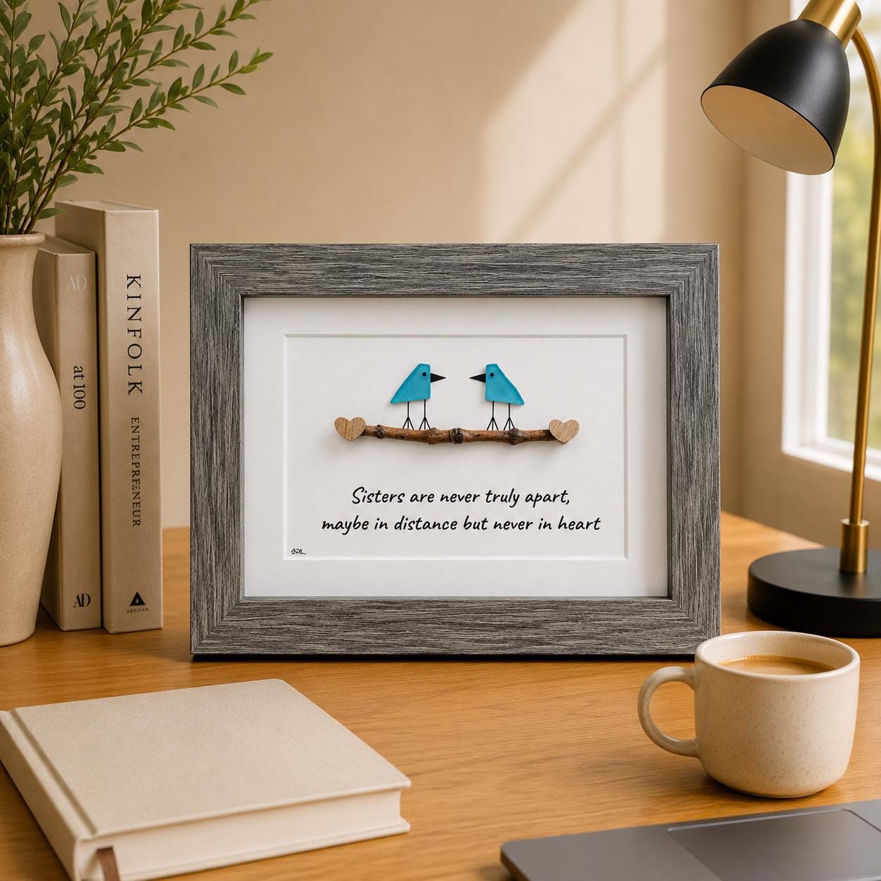 Sea Glass Bird Art, Sisters Gift, Framed Coastal Decor