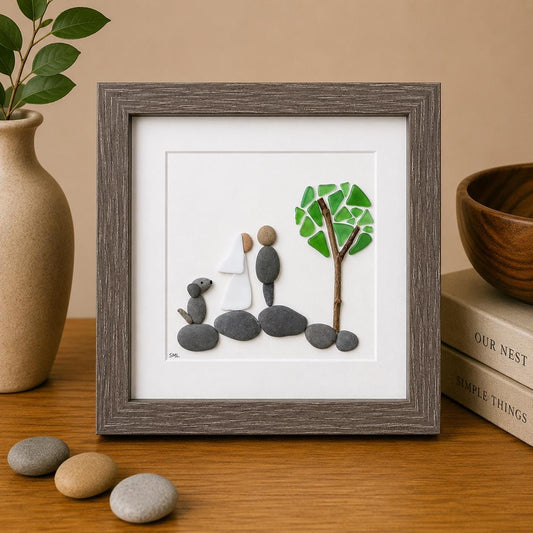 Bride and Groom with Dog | Unique Wedding Gift | Handmade | Perfect Gift for Newlyweds with Pet | 8x8 Sea Glass, Pebble and Pottery Art