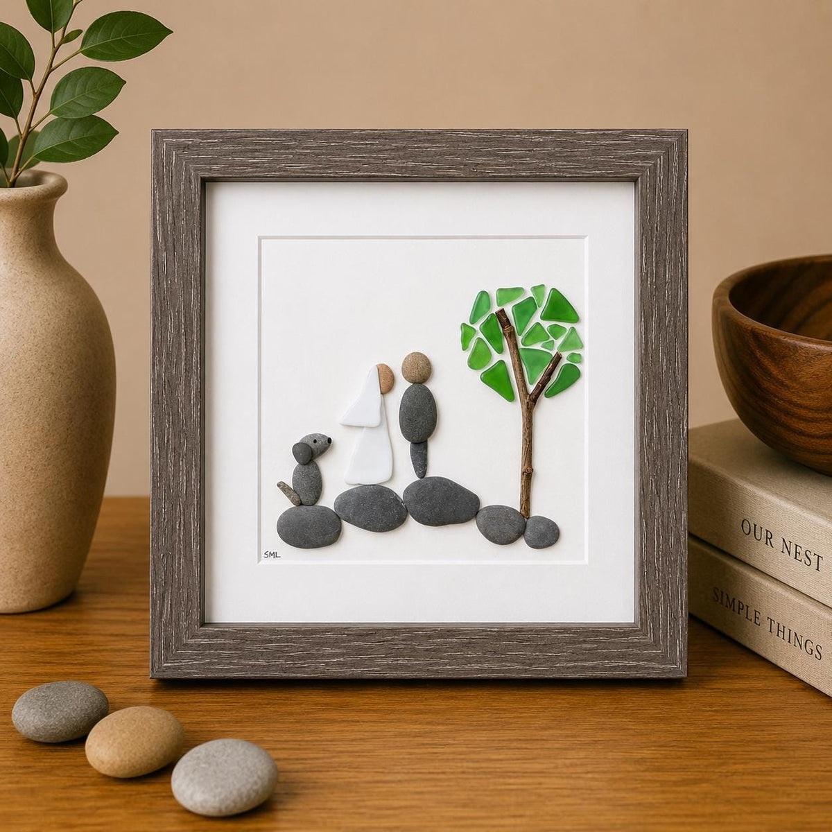 Bride and Groom with Dog | Unique Wedding Gift | Handmade | Perfect Gift for Newlyweds with Pet | 8x8 Sea Glass, Pebble and Pottery Art