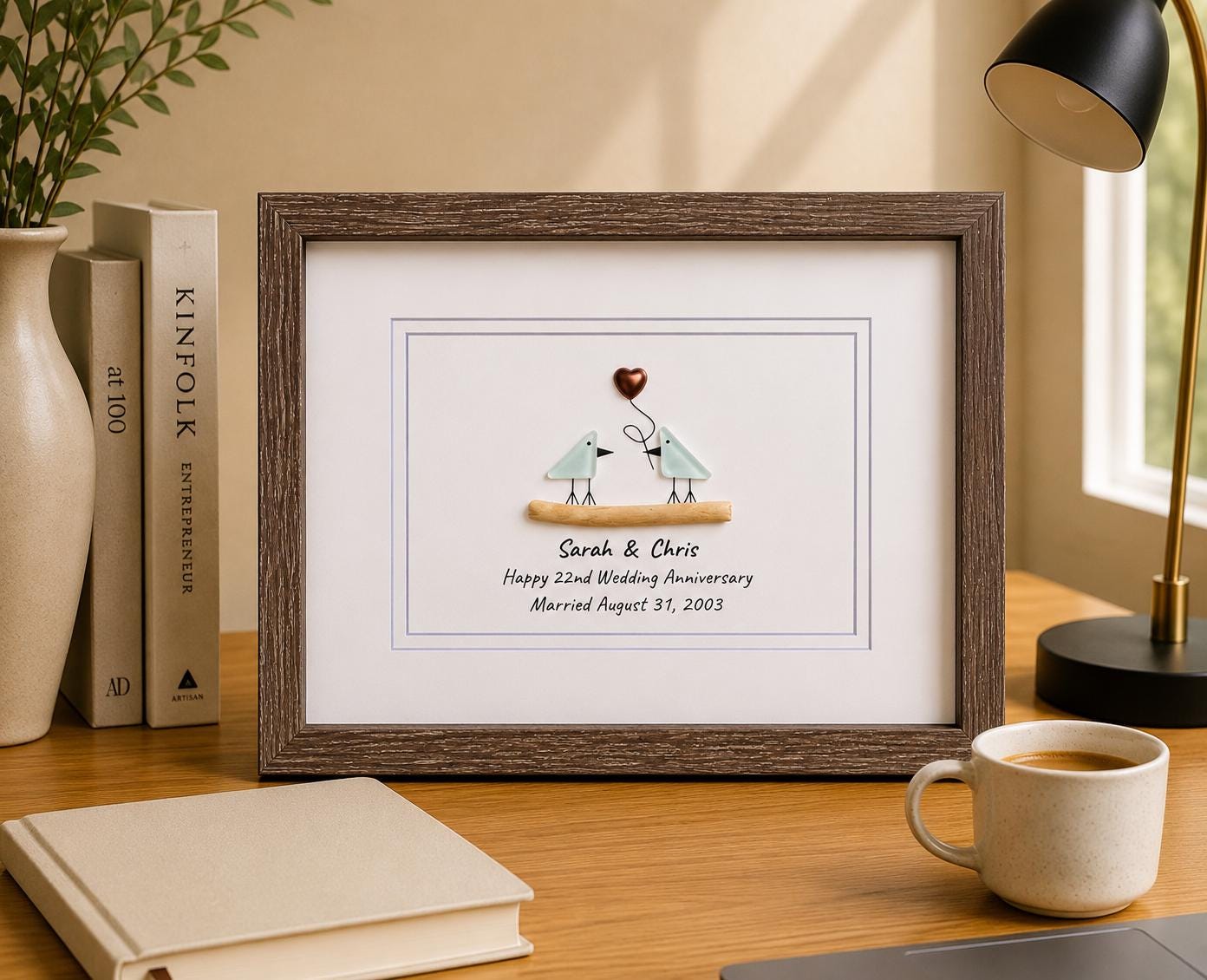 22nd Wedding Anniversary Gift | Personalized Copper Anniversary Sea Glass Art