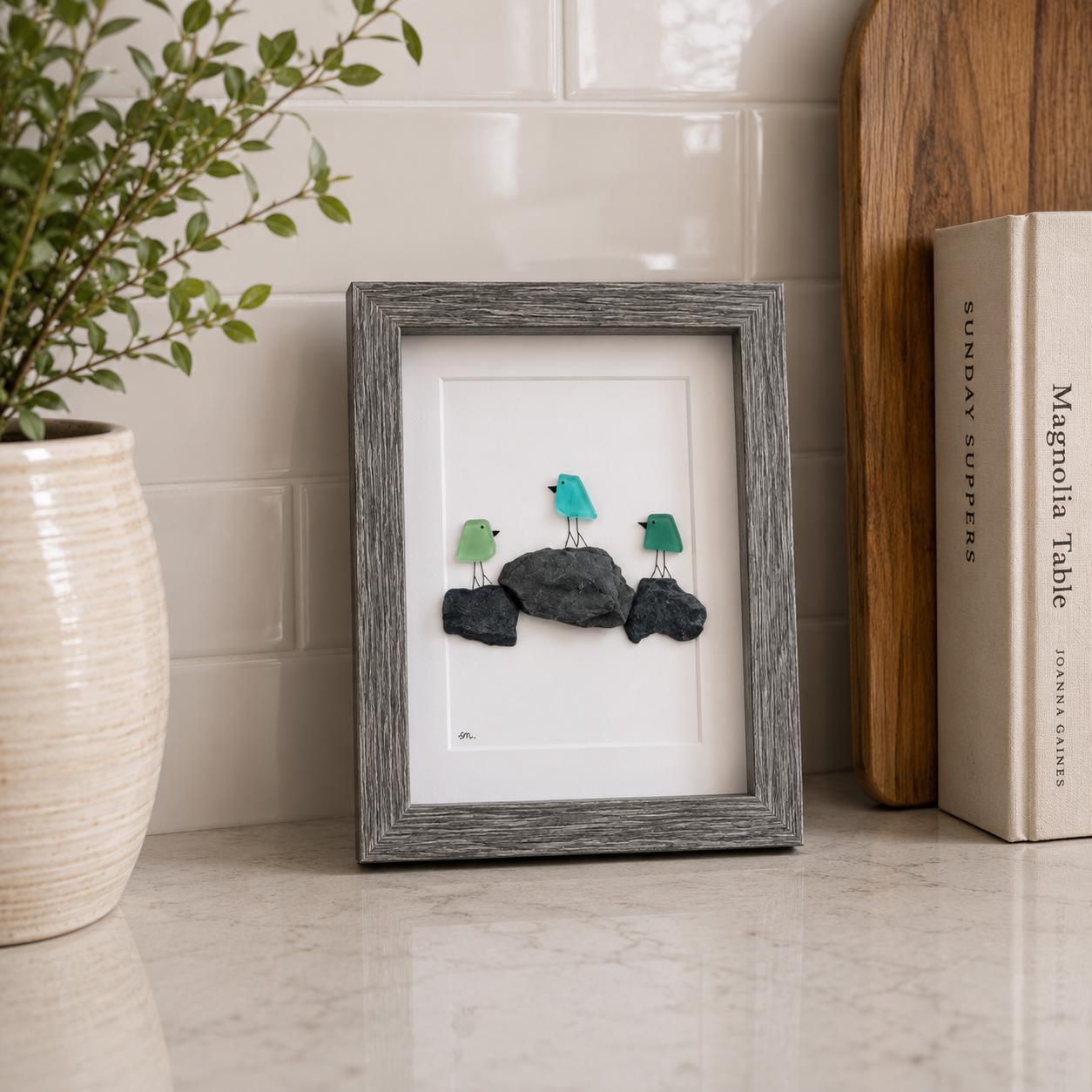 3 Sea Glass Birds on Rock Piles | Framed Handmade Beach Art Gift for Friend | Minimalist Coastal Decor | 5x7 Sea Glass and Pebble Art
