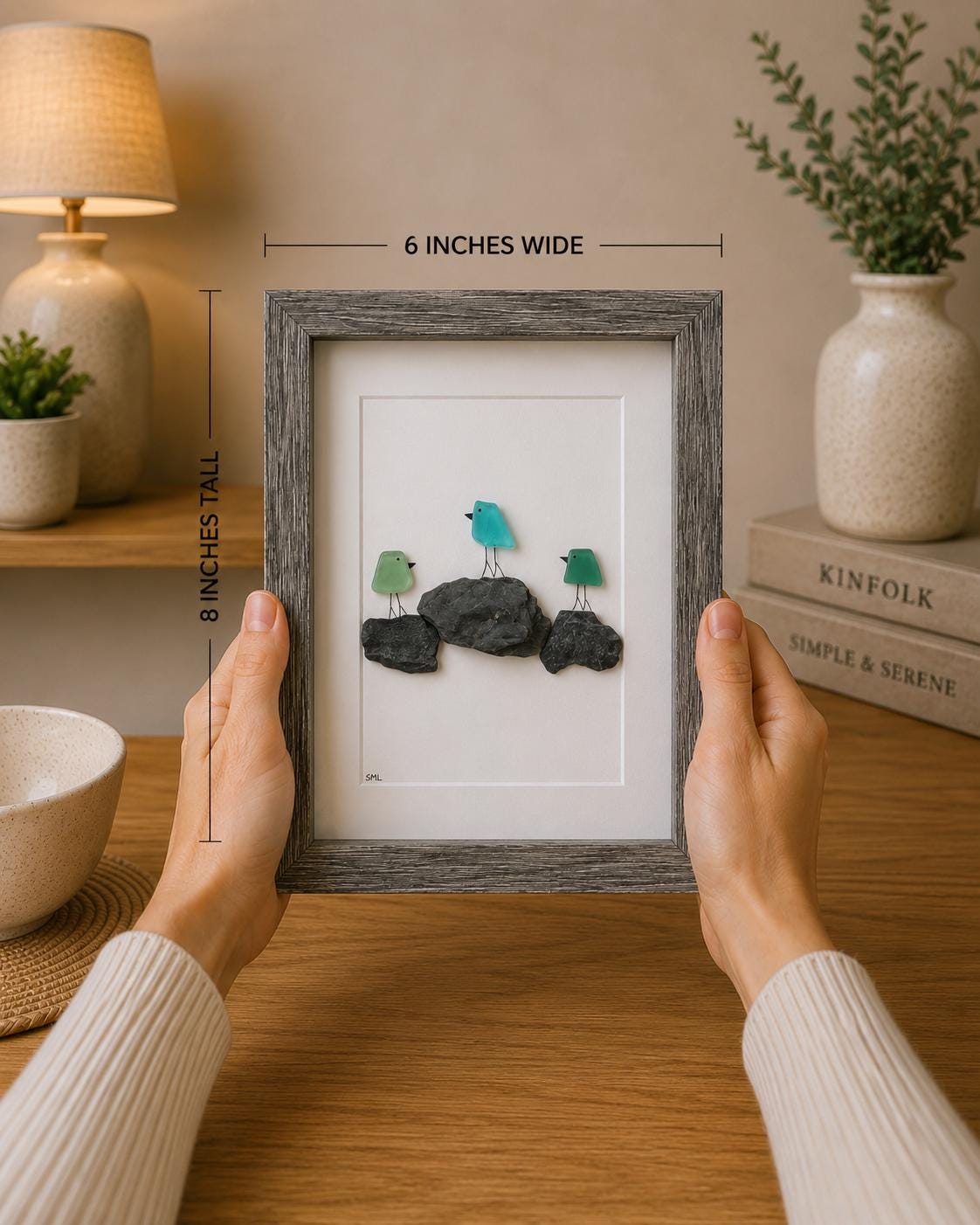 3 Sea Glass Birds on Rock Piles, 6x8” Framed Original Handmade Pebble Beach Art, Minimalist Coastal Decor
