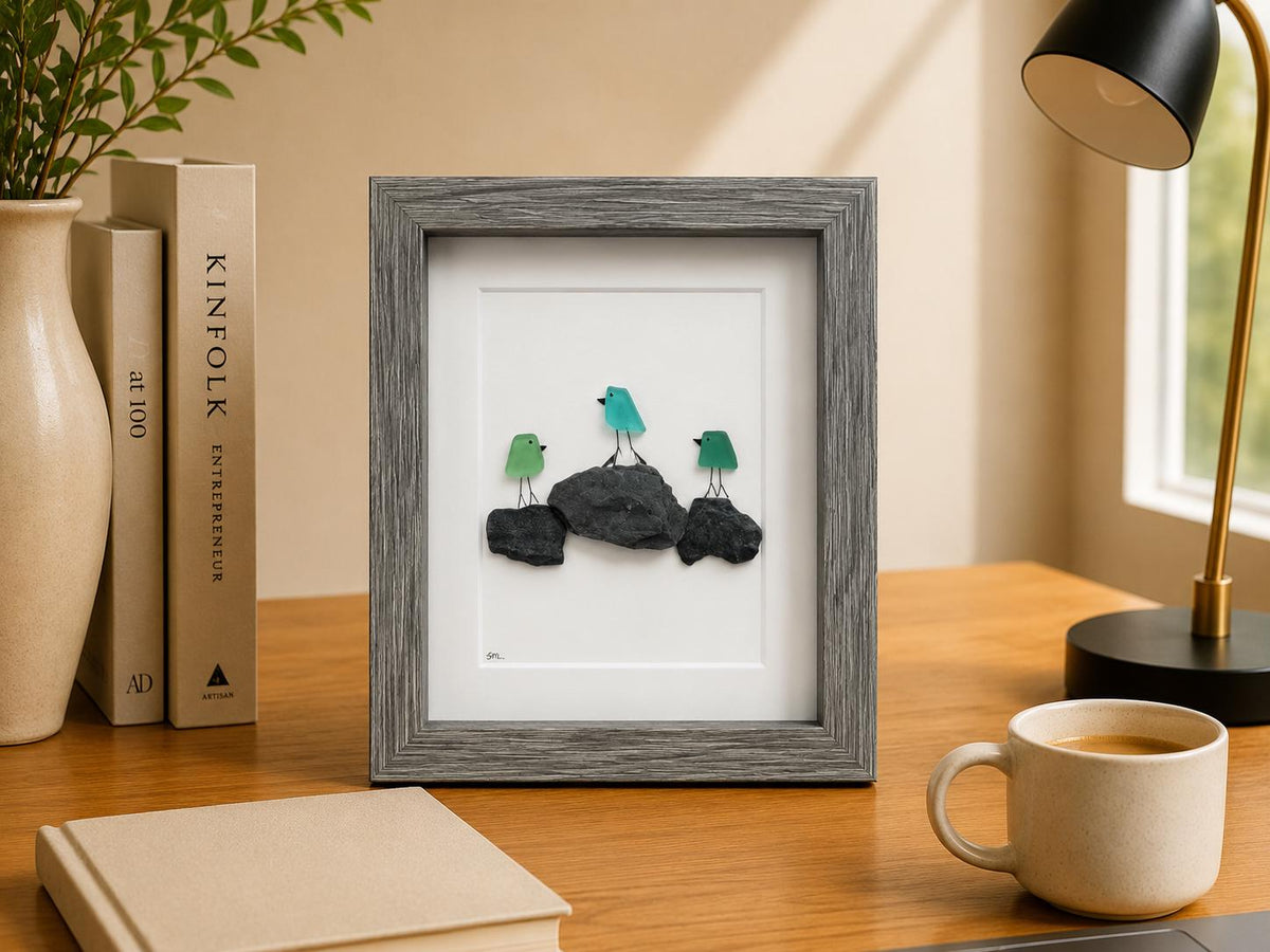 3 Sea Glass Birds on Rock Piles | Framed Handmade Beach Art Gift for Friend | Minimalist Coastal Decor | 5x7 Sea Glass and Pebble Art