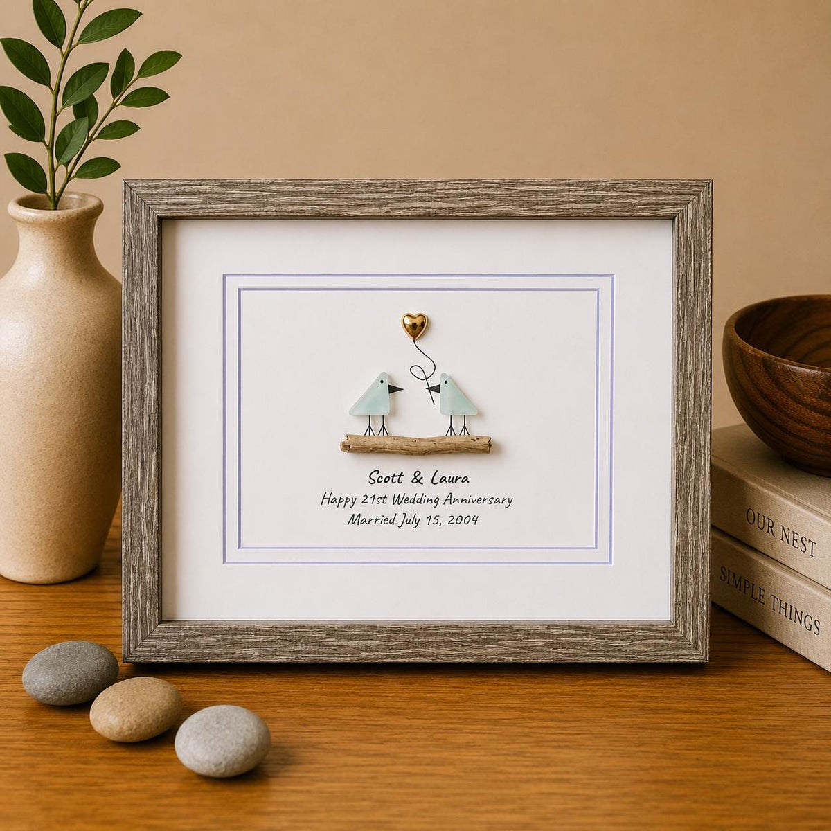 21st Wedding Anniversary 8x10" Framed Sea Glas Art, Personalized Nickel / Brass Anniversary Gift from Parents, Wife, Husband, Friends