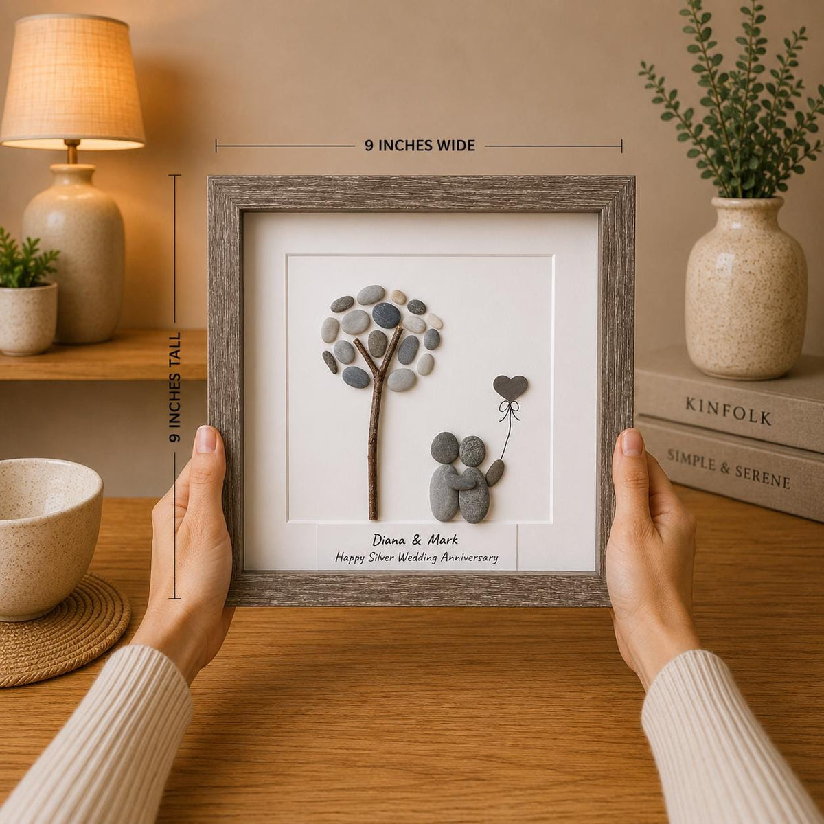 25th Anniversary Gift for Couple, Personalized Pebble Art, Silver Wedding Anniversary Keepsake