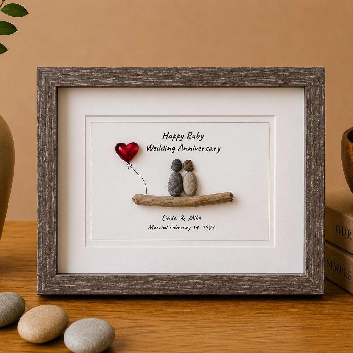 40th Wedding Anniversary Gift | Custom and Personalized Ruby Anniversary Pebble Art