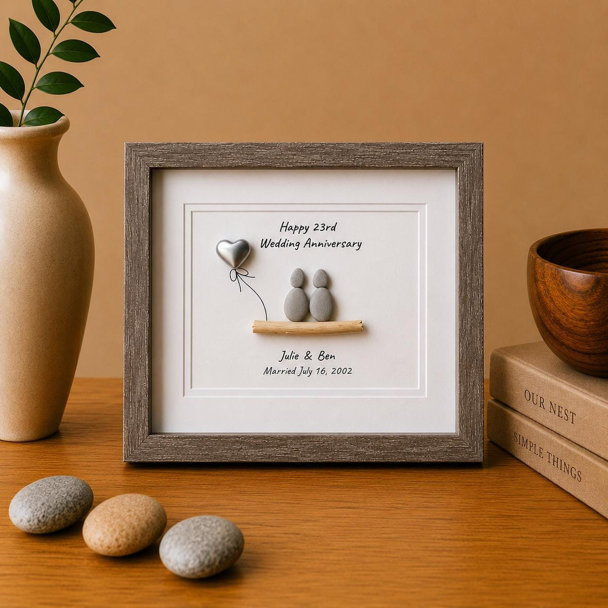 23rd Wedding Anniversary Personalized Gift, 8x10” Framed Sea Glass Art, Silver / Silver Plate Anniversary Gift for Parents, Wife, Husband