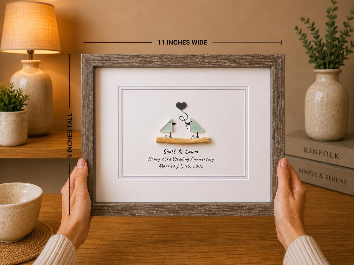 23rd Wedding Anniversary Personalized Gift, 8x10” Framed Sea Glass Art, Silver / Silver Plate Anniversary Gift for Parents, Wife, Husband