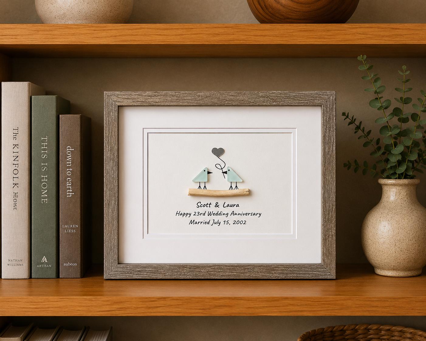 23rd Wedding Anniversary Personalized Gift, 8x10” Framed Sea Glass Art, Silver / Silver Plate Anniversary Gift for Parents, Wife, Husband