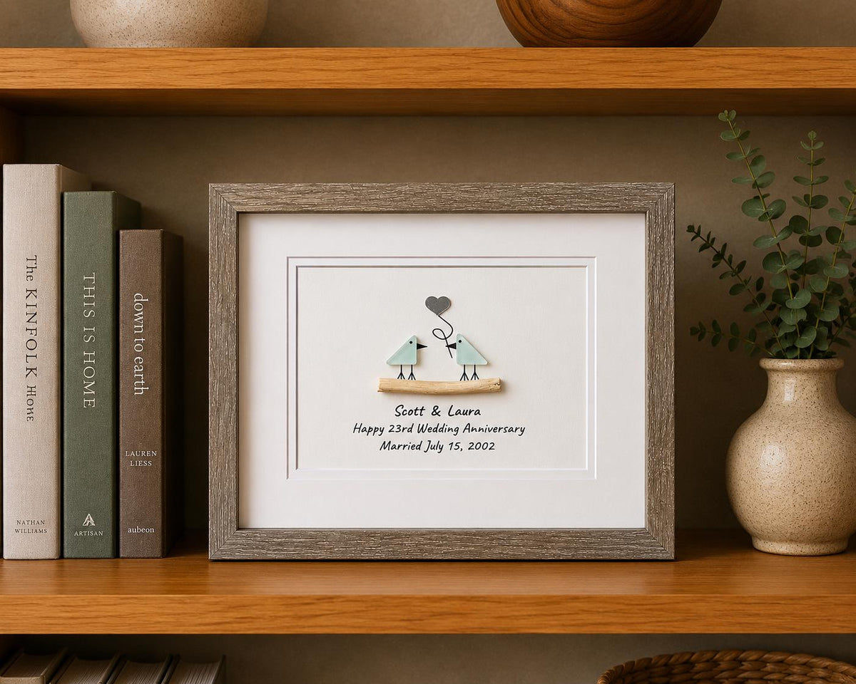 23rd Wedding Anniversary Personalized Gift, 8x10” Framed Sea Glass Art, Silver / Silver Plate Anniversary Gift for Parents, Wife, Husband