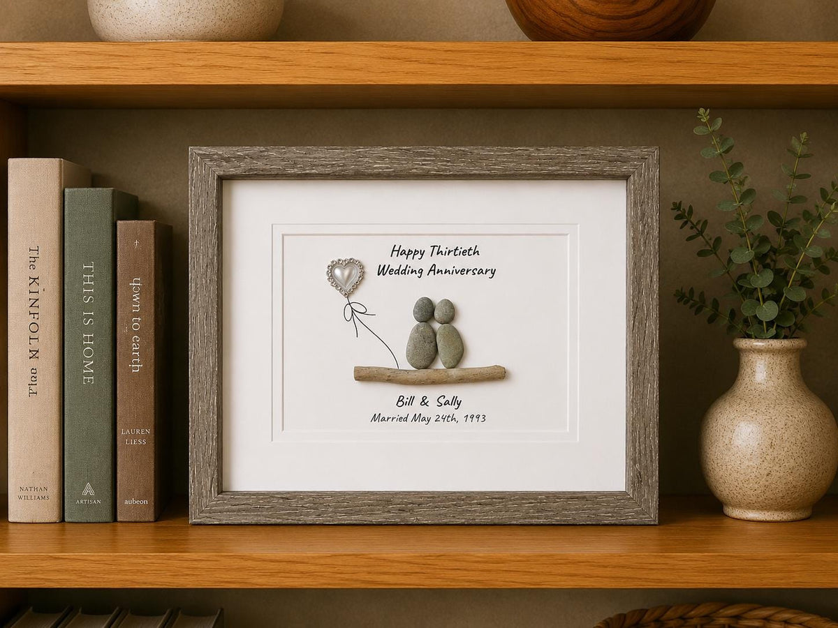 30th “Pearl” Wedding Anniversary Personalized Gift, 8 x 10” Framed Pebble Art, Anniversary Gift - Parents, Wife, Husband, Friends, Sea Glass