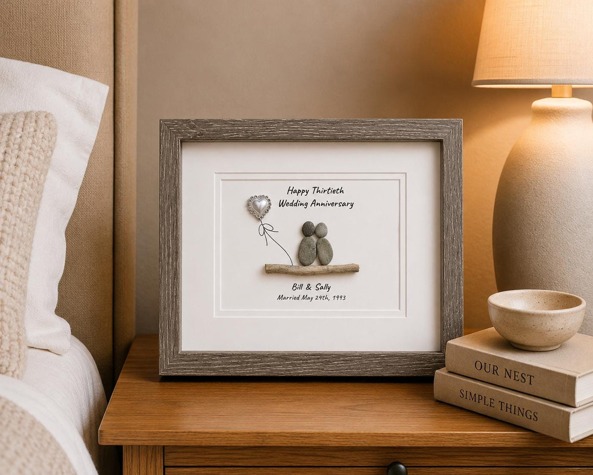 30th “Pearl” Wedding Anniversary Personalized Gift, 8 x 10” Framed Pebble Art, Anniversary Gift - Parents, Wife, Husband, Friends, Sea Glass
