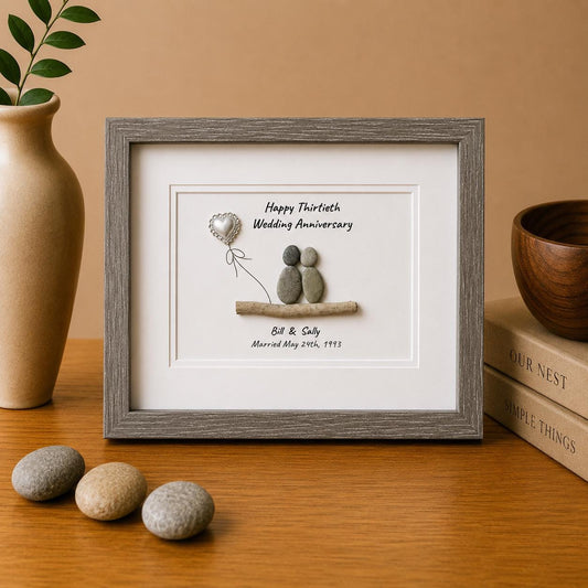 30th “Pearl” Wedding Anniversary Personalized Gift, 8 x 10” Framed Pebble Art, Anniversary Gift - Parents, Wife, Husband, Friends, Sea Glass