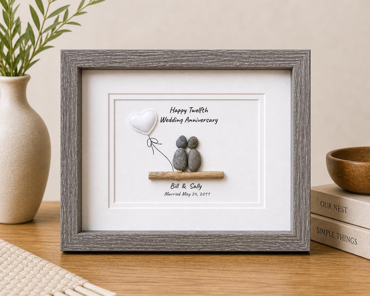 12th Silk Wedding Anniversary Personalized Gift, 8x10” Twelfth Anniversary Pebble Art, Satin Anniversary Gift for Wife, Husband, Friends