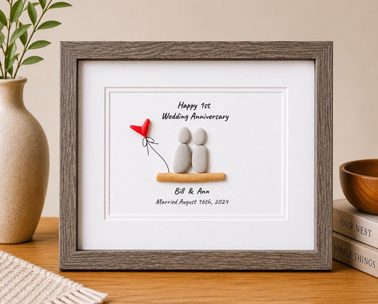 1st Wedding Anniversary Pebble Art | Paper Anniversary Gift With Red Heart