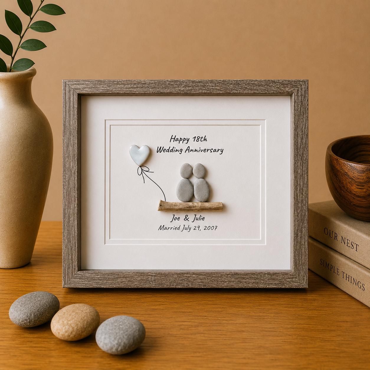 18th Wedding Anniversary 8x10" Framed Pebble Art, Personalized Porcelain Anniversary Gift from Parents, Wife, Husband, Friends