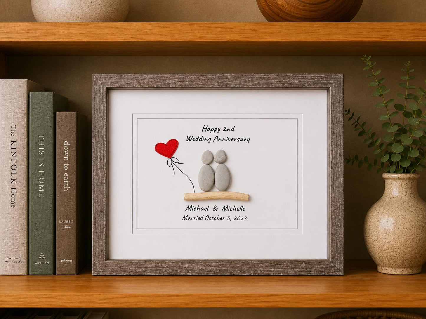 2nd Wedding Anniversary Pebble Art | Cotton Anniversary Gift With Red Heart
