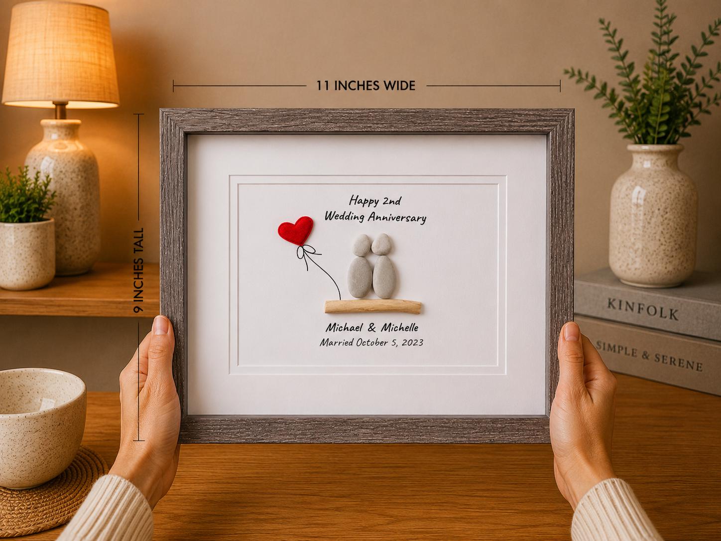 2nd Wedding Anniversary Pebble Art | Cotton Anniversary Gift With Red Heart