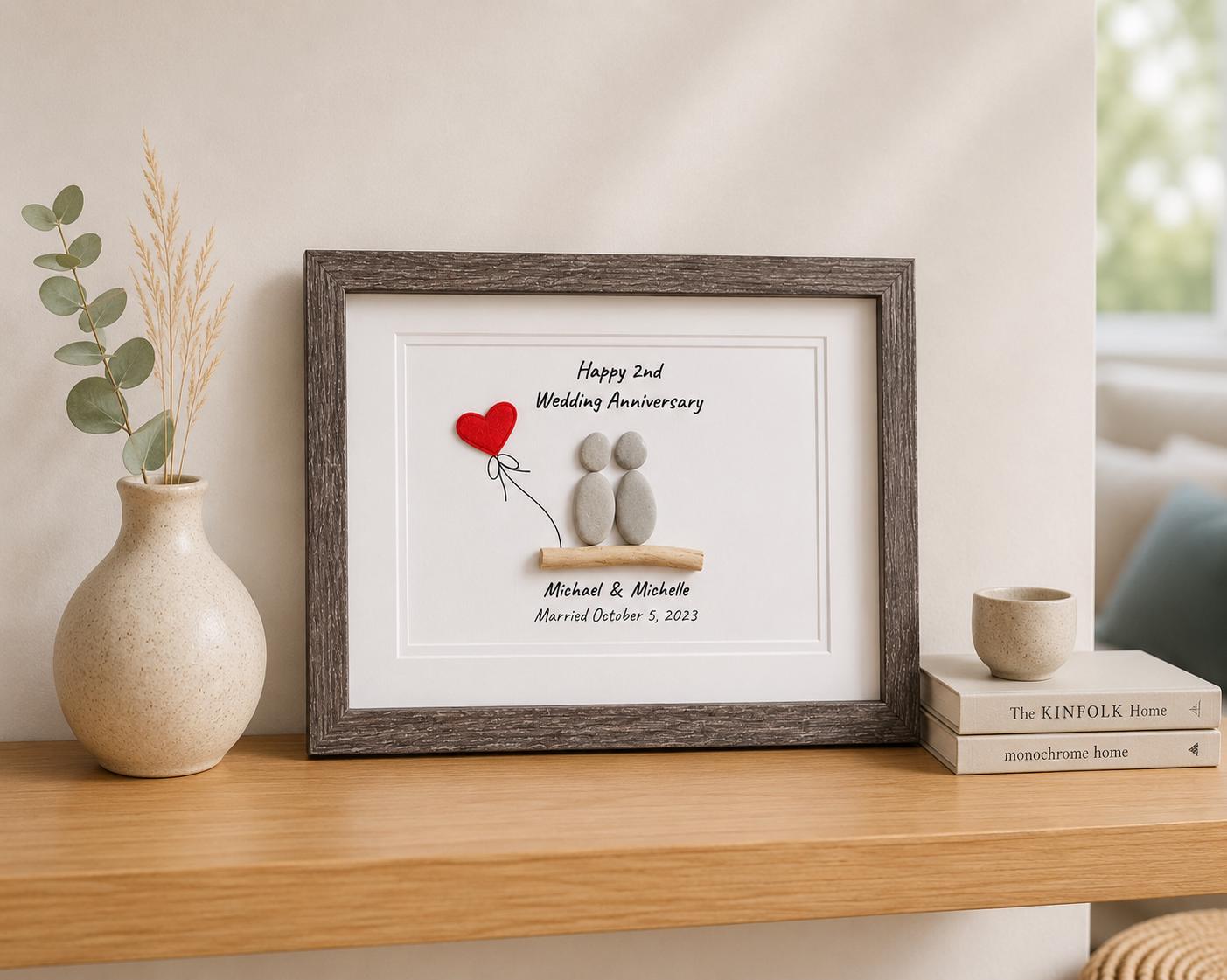 2nd Wedding Anniversary Pebble Art | Cotton Anniversary Gift With Red Heart