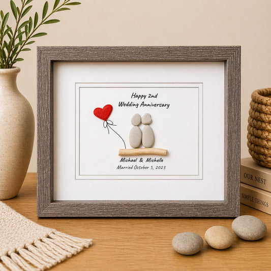 2nd Wedding Anniversary Pebble Art | Cotton Anniversary Gift With Red Heart