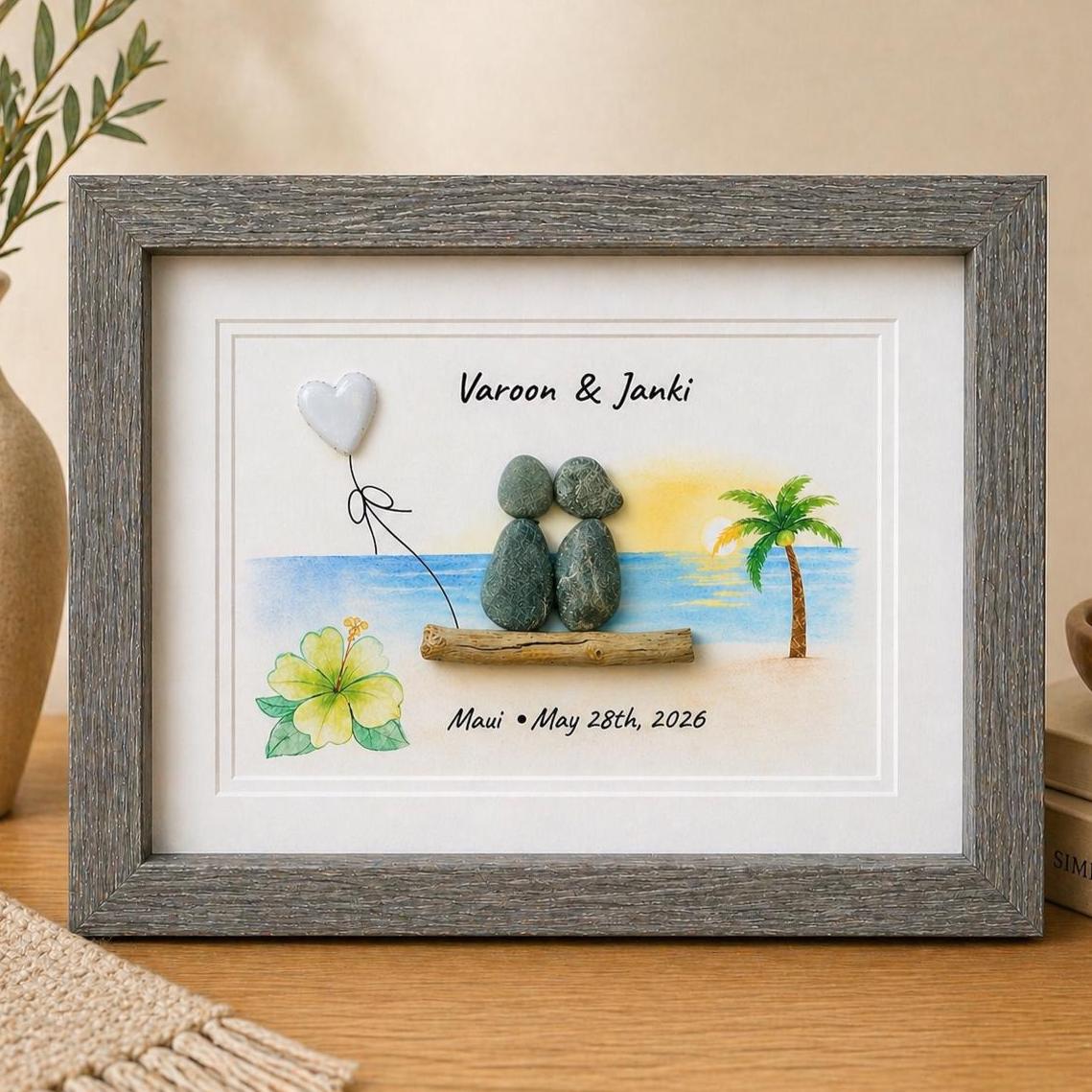 Personalized Hawaii Anniversary Gift, Custom Beach Pebble Art, Tropical Wedding Gift, Coastal Decor, Couple Portrait