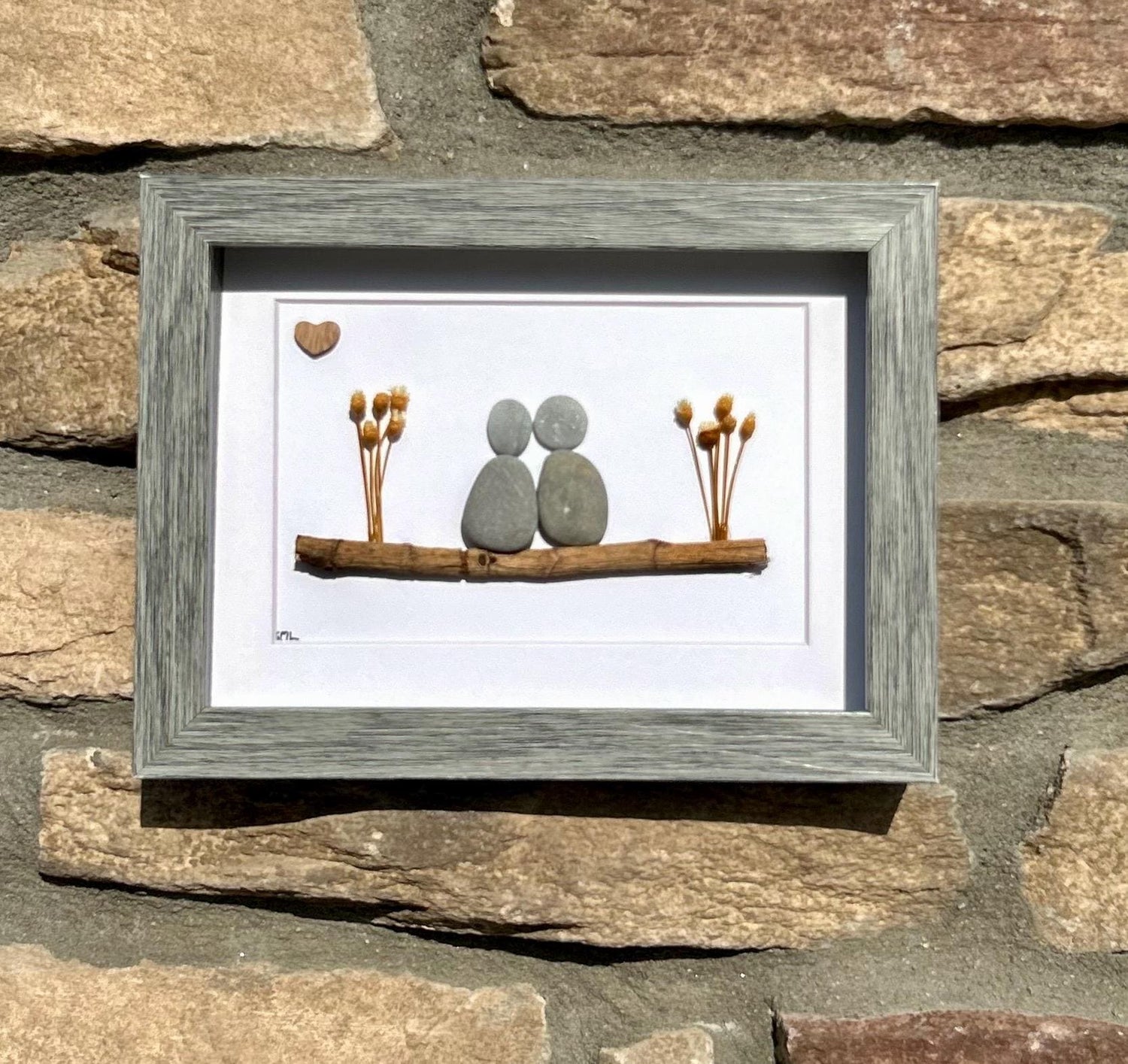 Couple on a Log | Friends on a Log | Family Art | Handmade Wall Decor | 5x7 Framed Pebble & Driftwood Art