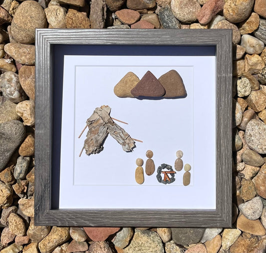 Camping Wall Art | Handmade Pebble Artwork | Unique Wall Art, Campfire, Smores, Nature, Hiking, Outdoors | 8x8 Pebble Art