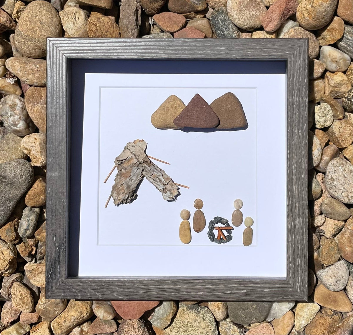 Camping Wall Art | Handmade Pebble Artwork | Unique Wall Art, Campfire, Smores, Nature, Hiking, Outdoors | 8x8 Pebble Art