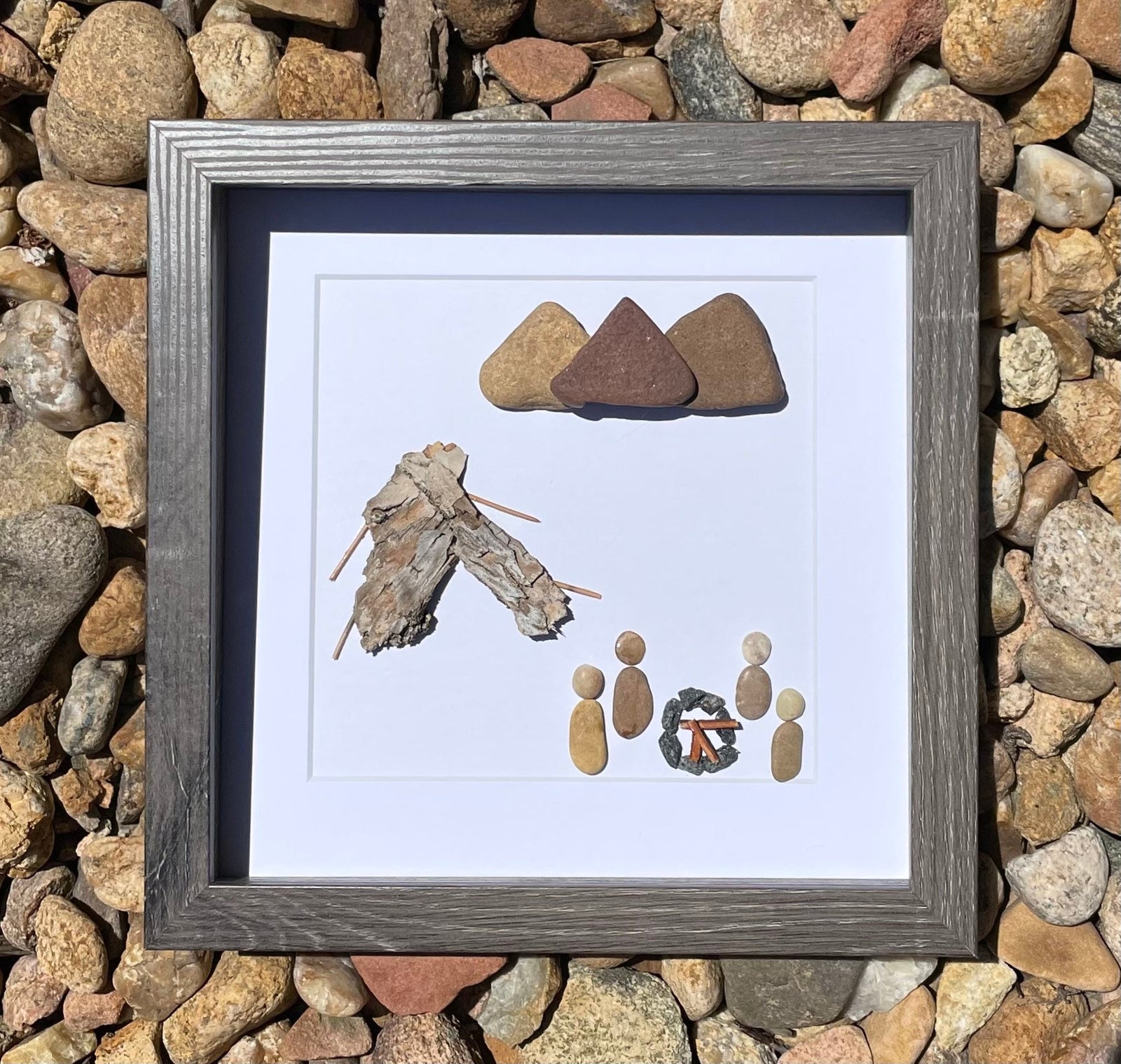 Camping Wall Art | Handmade Pebble Artwork | Unique Wall Art, Campfire, Smores, Nature, Hiking, Outdoors | 8x8 Pebble Art