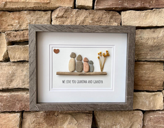 Handmade Pebble Art Grandparents Gift, Framed Family Portrait, 8x10