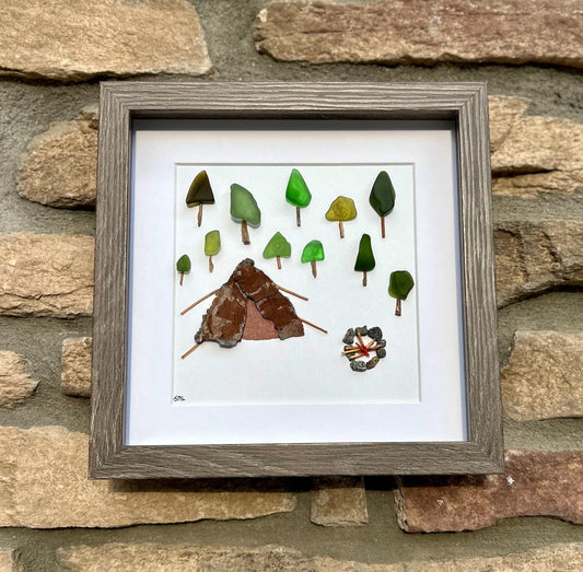 Campground Art | Campfire Scene | Gift for Hikers | Nature Lovers | Outdoor Enthusiasts | Camping Art | Art with Trees | 8x8 Pebble Art