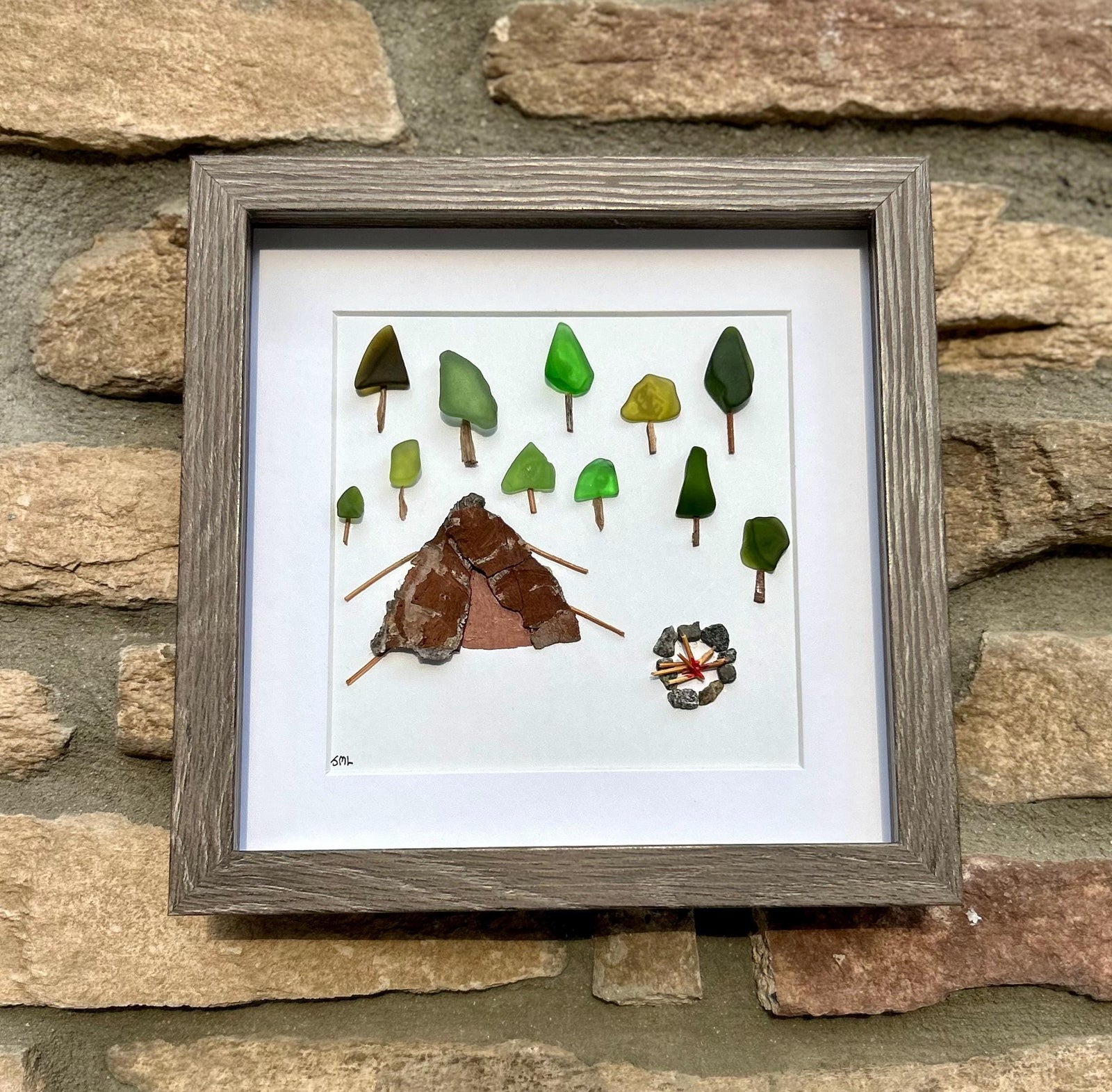 Campground Art | Campfire Scene | Gift for Hikers | Nature Lovers | Outdoor Enthusiasts | Camping Art | Art with Trees | 8x8 Pebble Art