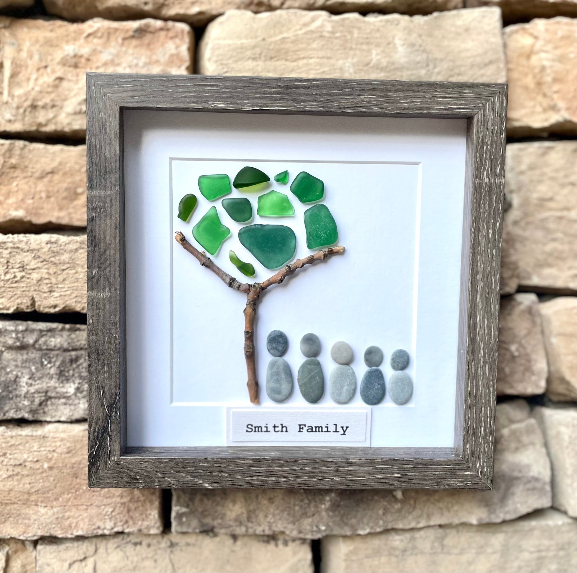 Family of Five Pebble and Sea Glass Art - Personalized Family Name Option - Handmade Original Artwork - Great Personalized Gift