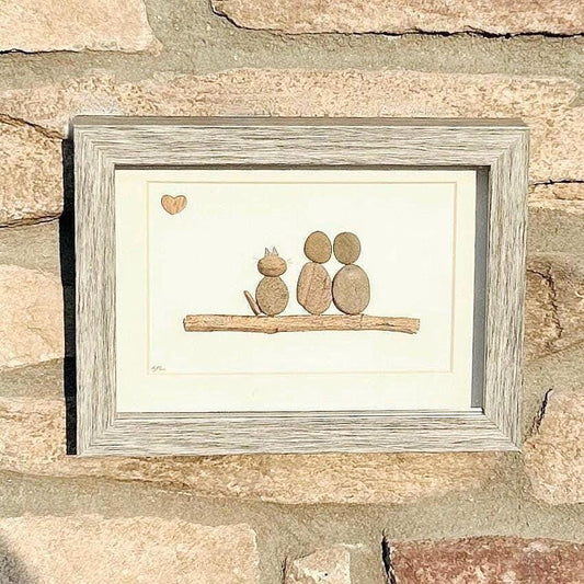 Couple and their Cat Pebble Art, 5x7 Framed Picture, Personalized Pet Artwork, Perfect Gift for Cat Owners