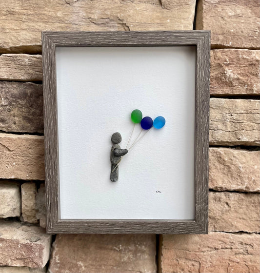 Child Holding Sea Glass Balloons | Framed, Handmade, Unique Art | Gift For Nursery, Child, Friend, New Parents | 8x10 Sea Glass Art