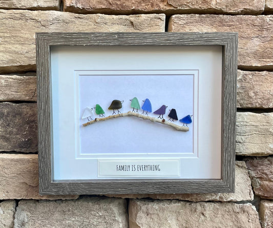 Sea Glass Bird Family Art, Coastal Beach Decor, Personalized Gift
