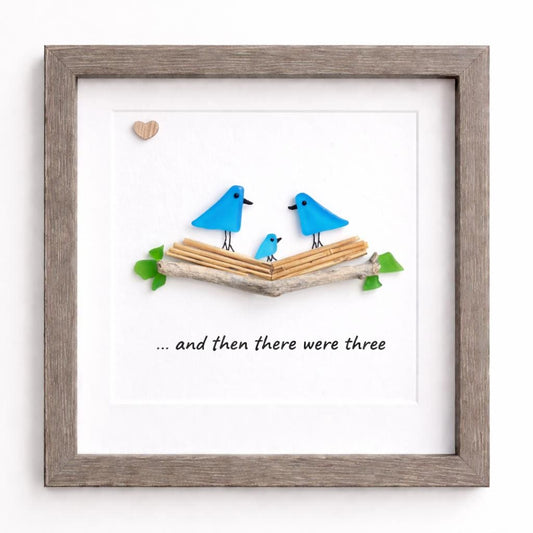 And Then There Were Three Sea Glass Bird Family Art, 8x8"
