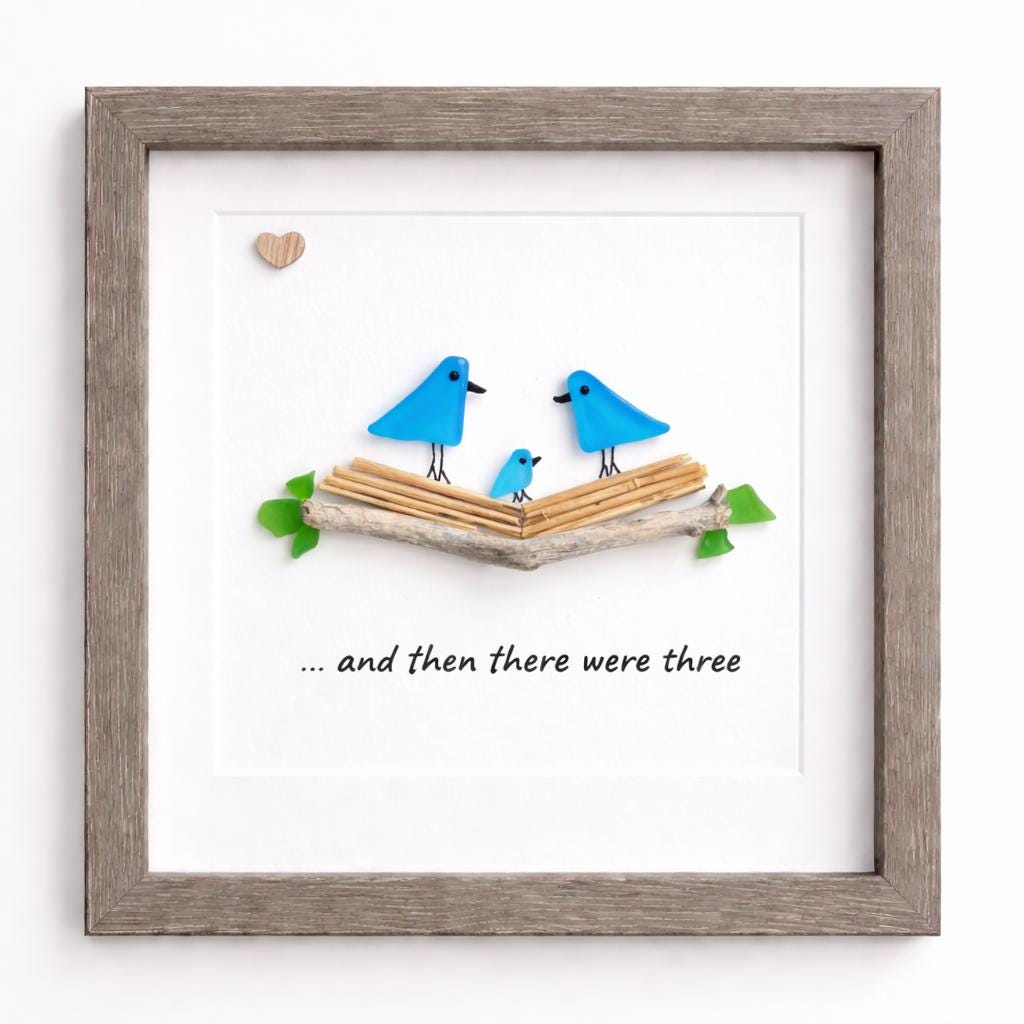 Sea Glass Bird Family Art, Personalized New Baby Gift, 8x8 Framed