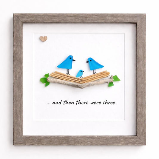 Sea Glass Bird Family Art, Personalized New Baby Gift, 8x8 Framed