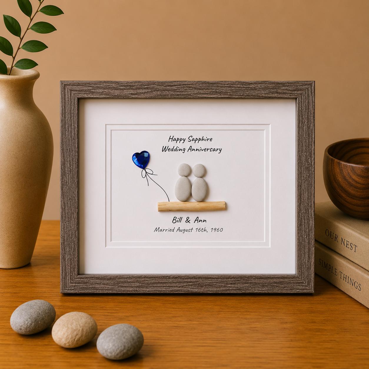 65th Sapphire Wedding Anniversary Personalized Pebble Art, 8x10 Framed 65th Anniversary Gift for Parents, Friends, Spouse