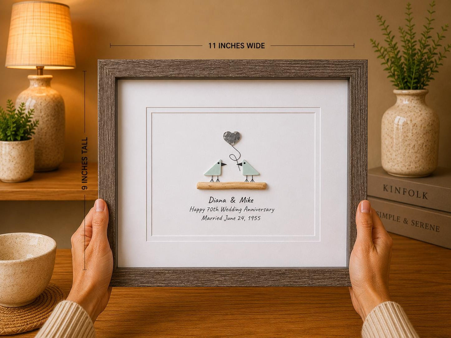 70th Wedding Anniversary Personalized Gift, 8x10” Framed Sea Glass Art, Platinum Anniversary Gift for Parents, Wife, Husband