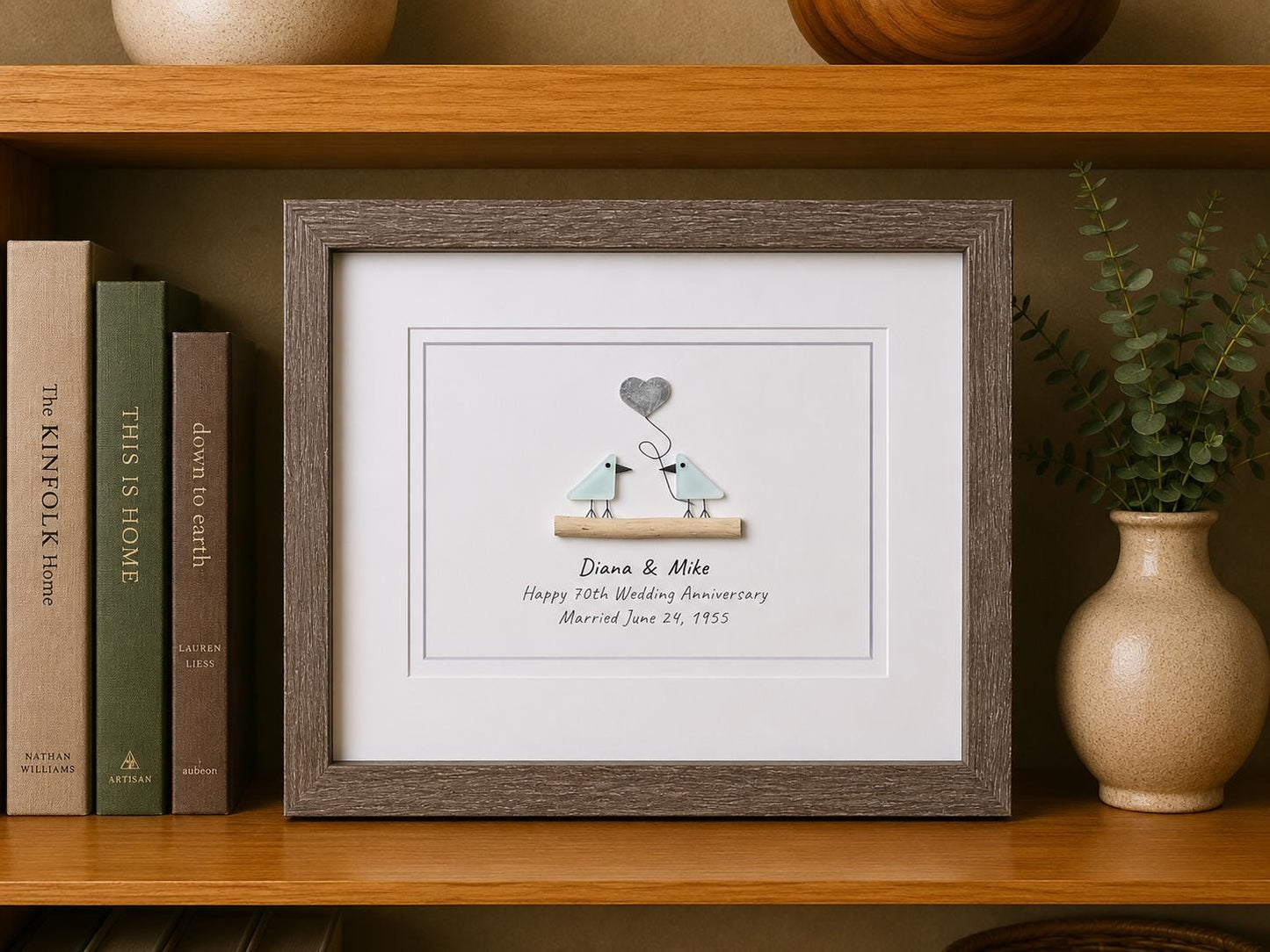 70th Wedding Anniversary Personalized Gift, 8x10” Framed Sea Glass Art, Platinum Anniversary Gift for Parents, Wife, Husband