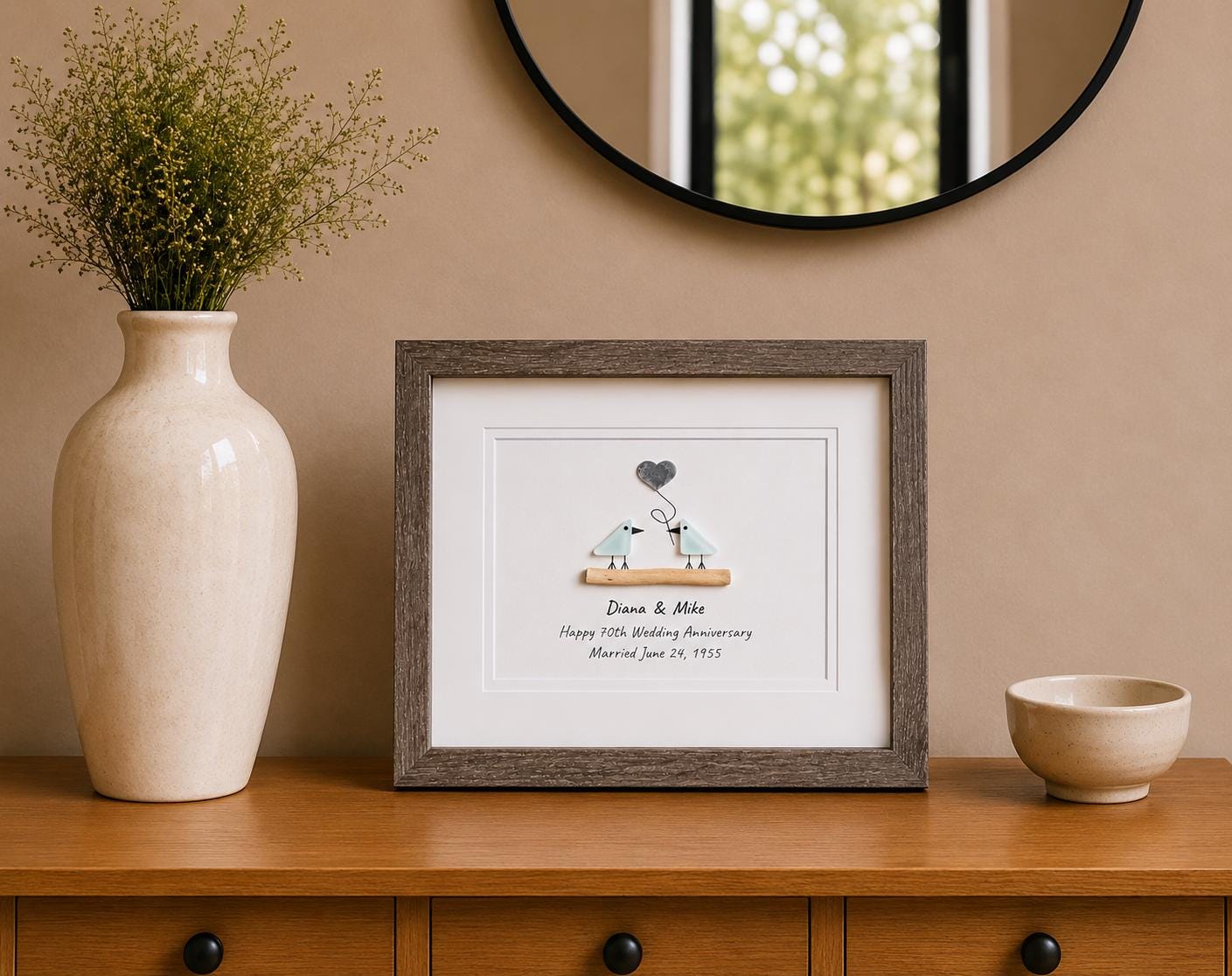 70th Wedding Anniversary Personalized Gift, 8x10” Framed Sea Glass Art, Platinum Anniversary Gift for Parents, Wife, Husband