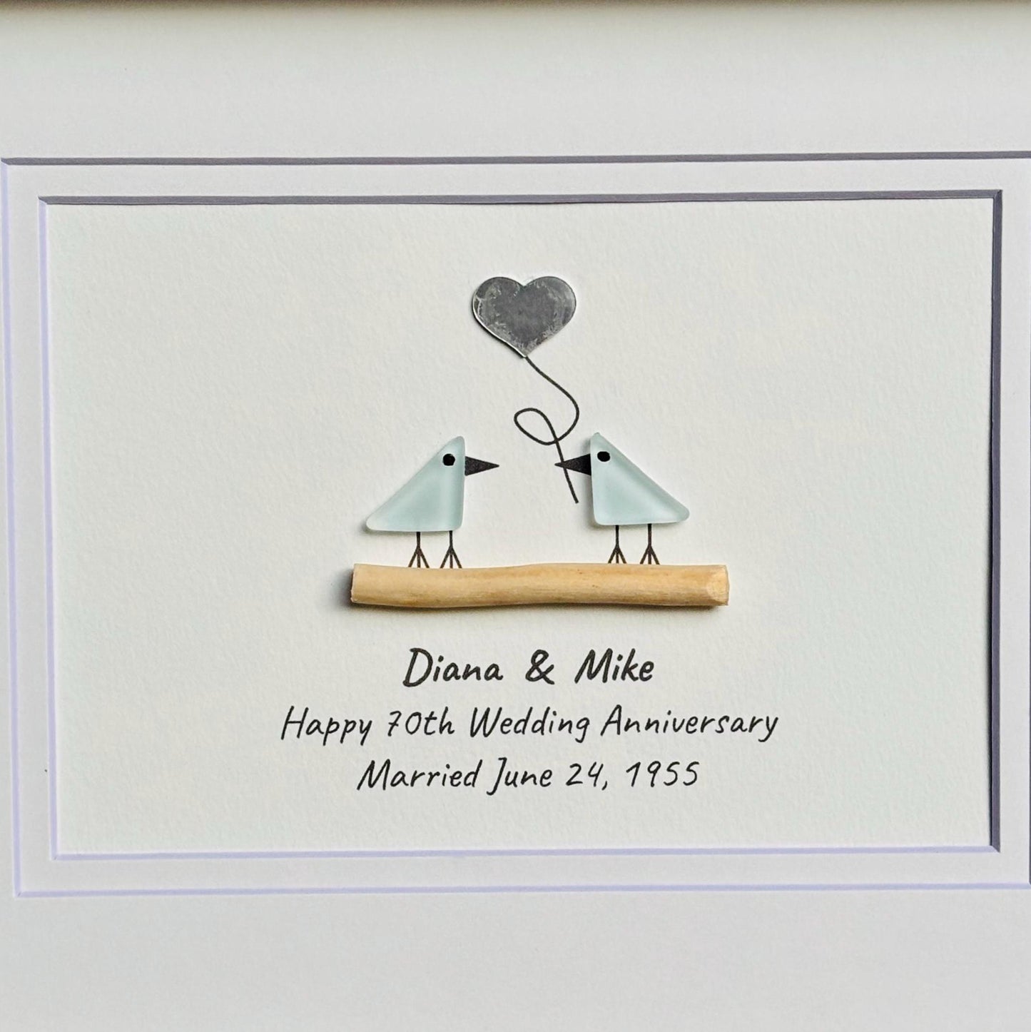 70th Wedding Anniversary Personalized Gift, 8x10” Framed Sea Glass Art, Platinum Anniversary Gift for Parents, Wife, Husband
