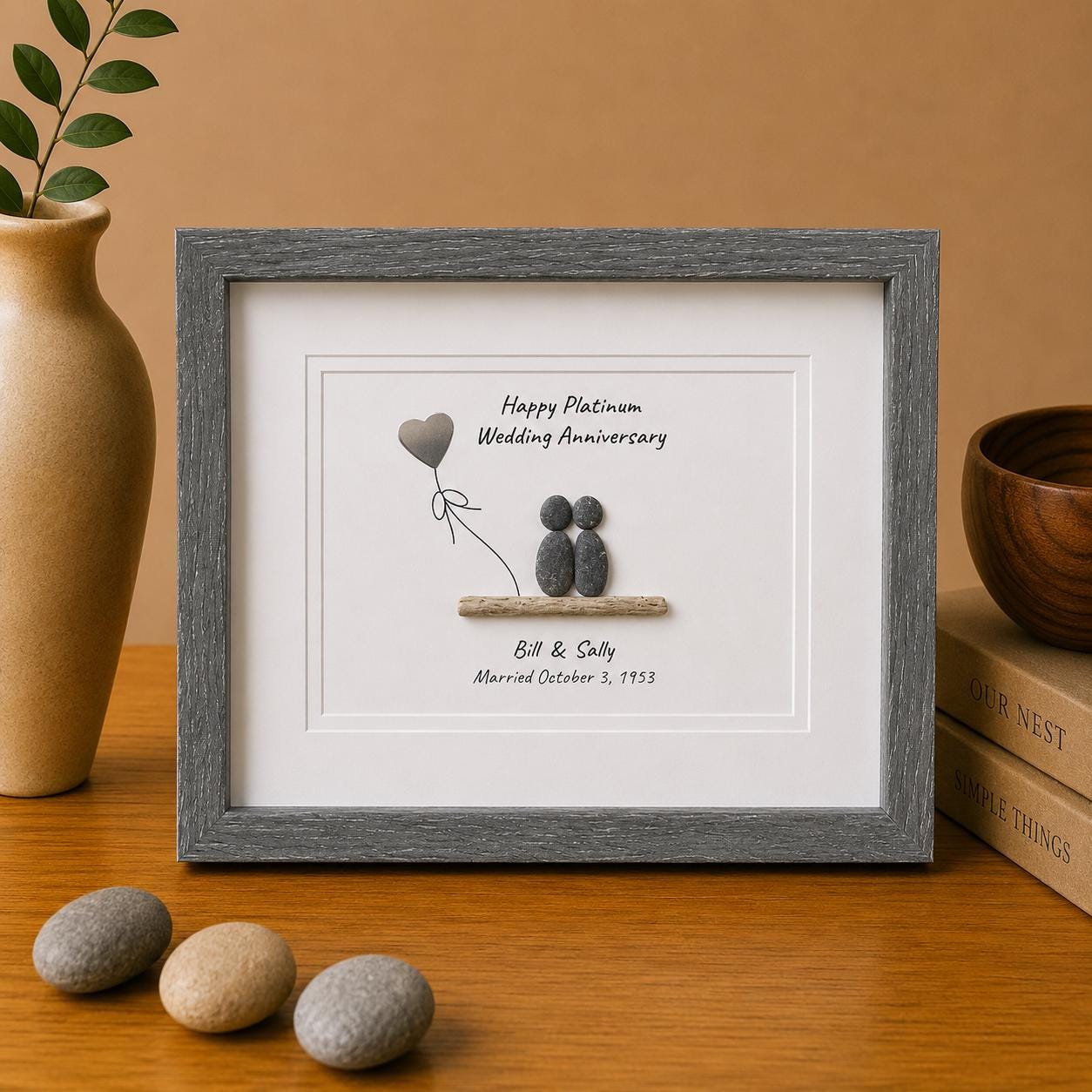 70th Wedding Anniversary 8x10" Framed Pebble Art, Personalized Platinum Anniversary Gift from Parents, Wife, Husband, Friends