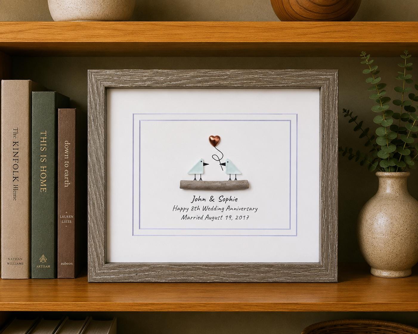 8th Wedding Anniversary 8x10" Framed Sea Glass Art, Personalized Bronze Anniversary Gift for Parents, Wife, Husband, Friends