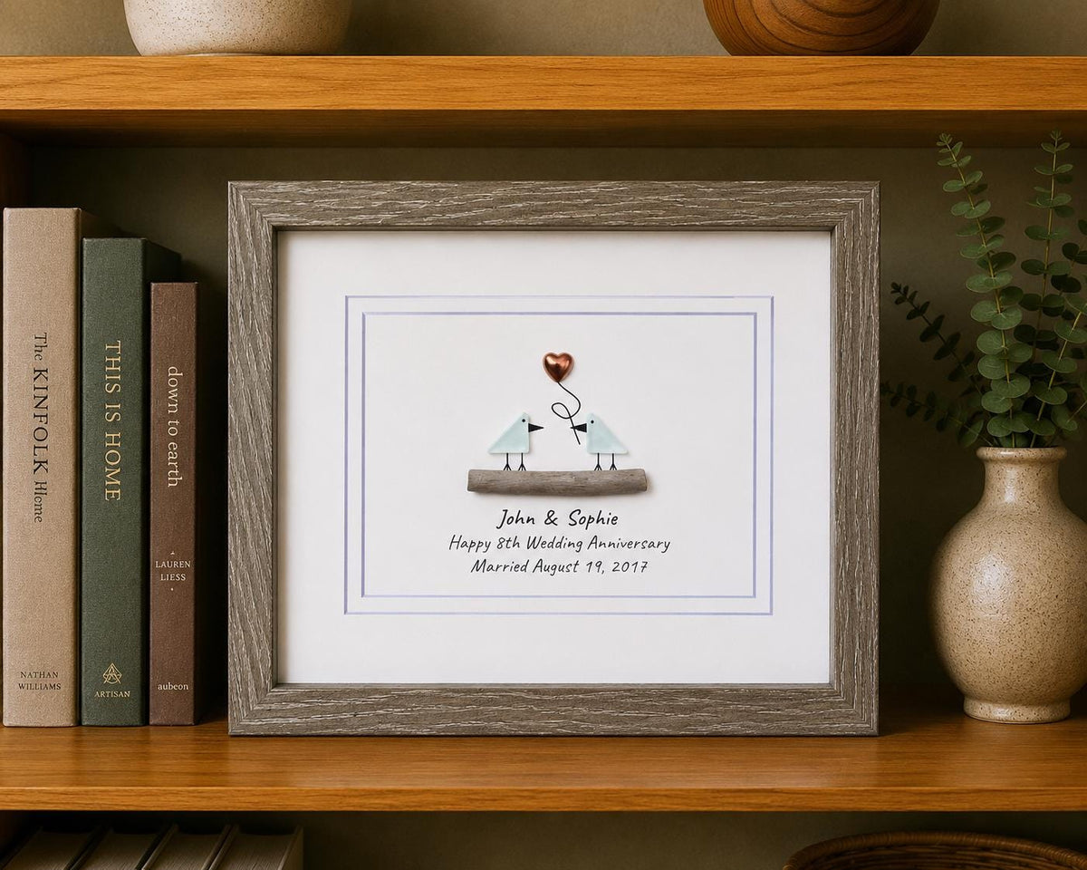 8th Wedding Anniversary 8x10" Framed Sea Glass Art, Personalized Bronze Anniversary Gift for Parents, Wife, Husband, Friends